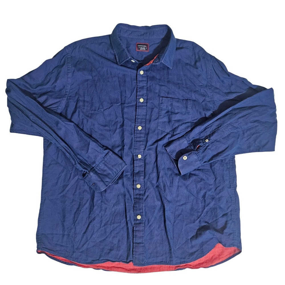 UNTUCKit Mens XX-Large Navy Blue Cotton Long Sleeve Button Down Shirt Red Trim